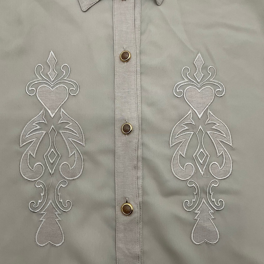 Vintage Baroque Embroidered Button Down Shirt M Tan Beige Short Sleeve Retro New - Picture 3 of 10